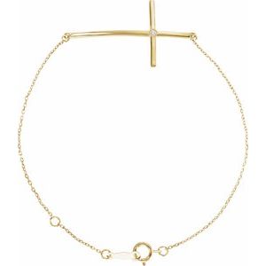 14K Yellow .025 CT Natural Diamond Sideways Cross 7-8" Bracelet